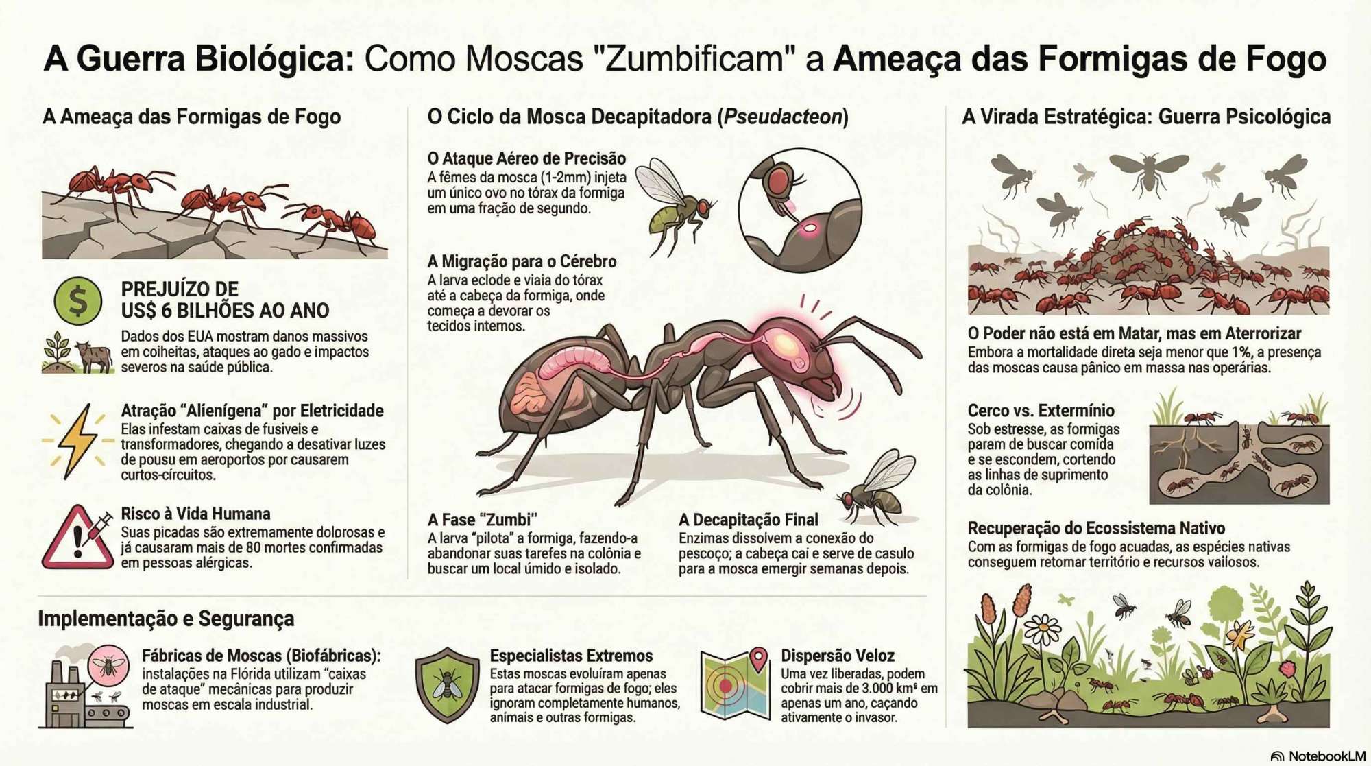 Moscas zumbificam formigas de fogo